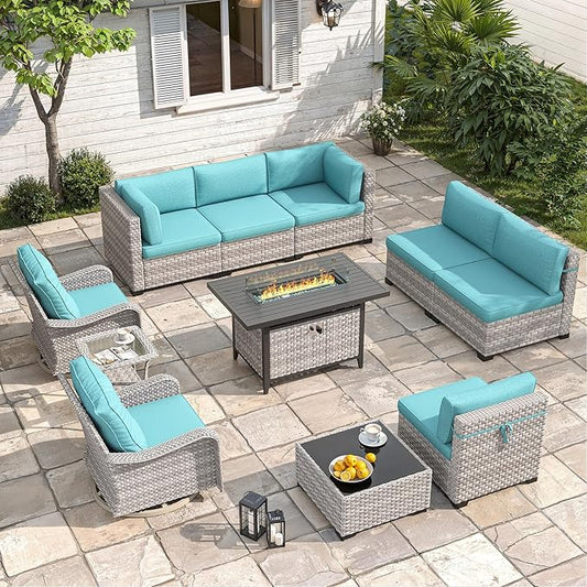 8-Seat Outdoor Wicker Patio Furniture Set with Fire Pit Table, Modular Rattan Sectional Sofa & 2 Swivel Rocking Chairs, 4" Thick Cushions, Rust-Resistant Frame,Blue
