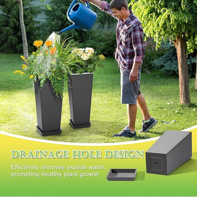 Set of 4 24" Tall Plastic Planters with Trays, Large Tapered Plant Pots for Indoor Outdoor Use, Modern Decorative Planters for Porch, Patio, Garden, and Backyard