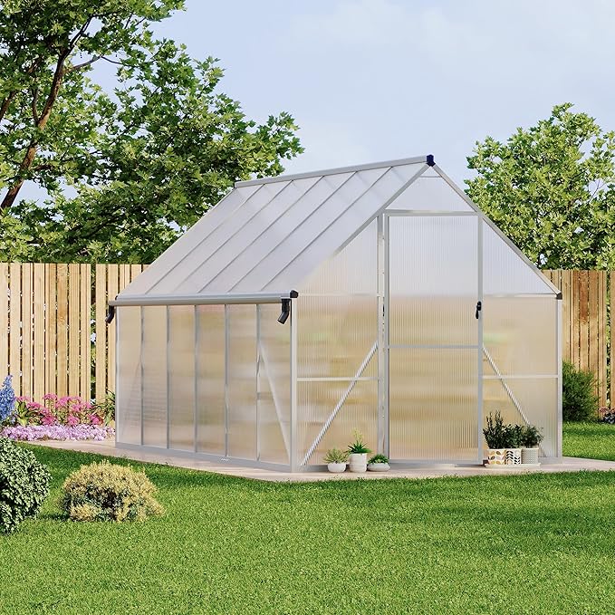 Polycarbonate Greenhouse for Outdoors, Large Walk-InGreenhouse with Quick Setup Structure and Roof Vent, Greenhouse with Ventilation