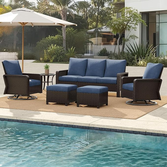 6 Piece Patio Furniture Set,Outdoor Conversation Set with Swivel Rocker Chairs, 3-Seat Sofa, Ottomans and Side Table, Modern Rattan Couch Set for Garden, Deck, Balcony, Navy Blue