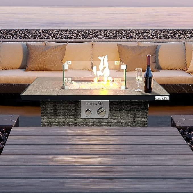 SereneLife 30” Outdoor Gas Fire Pit Table, 50,000 BTU Square Propane Firepit with Tile Top, Glass Rocks, Wind Guard, Weather-Resistant Wicker Base, Stainless Steel Burner, CSA Certified