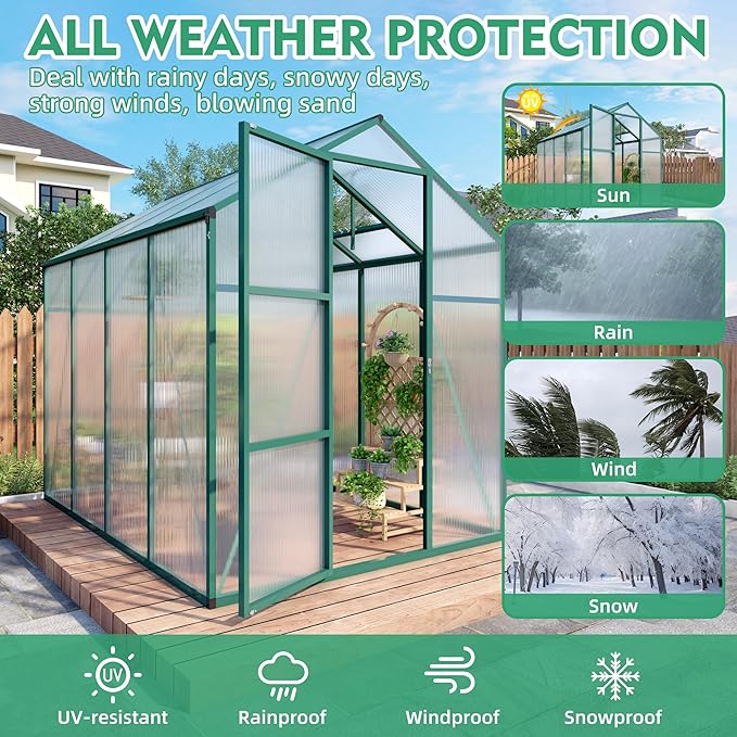 KEIKI 6x8 FT Polycarbonate Greenhouse for Outdoors, Durable Aluminum Walk-in Greenhouse with Gutter Drainage & Tall Growing Space for Plants, Green
