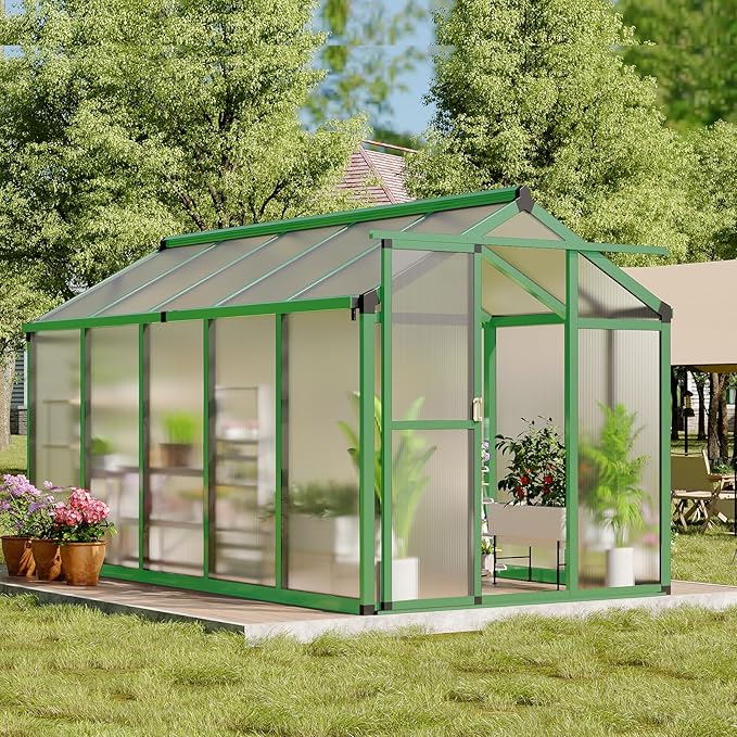 6 X 10 Greenhouse, Greenhouses for Outside, Polycarbonate Greenhouse with Aluminum Frame, Lockable Door and Ajustable Roof Vent for Backyard, Green Houses for Outside Garden Backyard, Patio