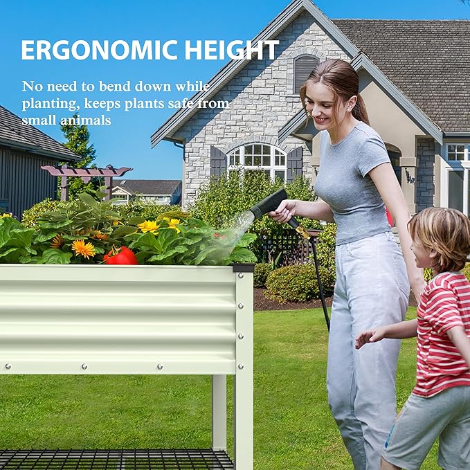 48" W x 24" D x 34" H Galvanized Raised Garden Bed with Lockable Wheels, Raised Garden Beds Outdoor with Drainage Gaps & Shelf, Planter Boxes Outdoor for Backyard, Patio, Balcony, Beige