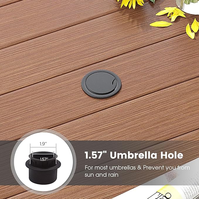 DIFY 50" Round Outdoor Patio Dining Table for 6, Metal Patio Table with 1.57" Adjustable Umbrella Hole, All-Weather Dining Furniture Table for Backyard Lawn Garden, Walnut