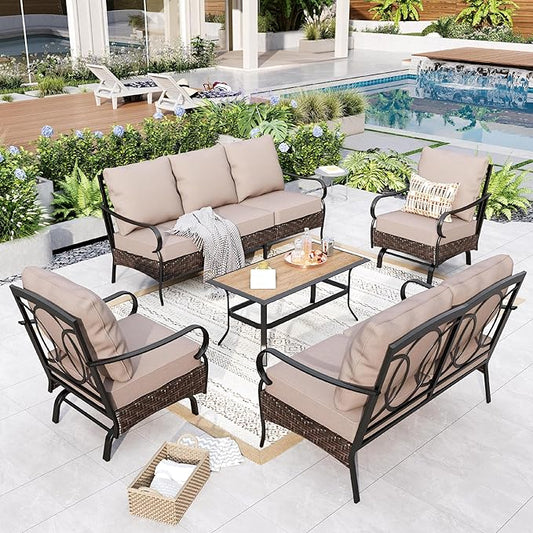 GREEN PARTY Extra Large Outdoor Patio Furniture Set 5 Pieces for 7, Modern Metal Patio Conversation Sets with High Back 3-Seat Sofa & Loveseat Sofa, 2 Motion Chairs, 1 Coffee Table