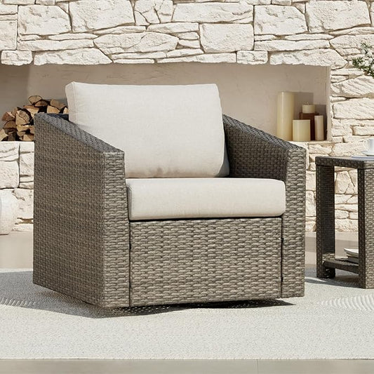CHITA Patio Wicker Chair, 360° Swivel Outdoor Rattan Chair with Thickened Cushions for Backyard, Poolside, Garden or Porch, Beige Cushions with Grey Wicker