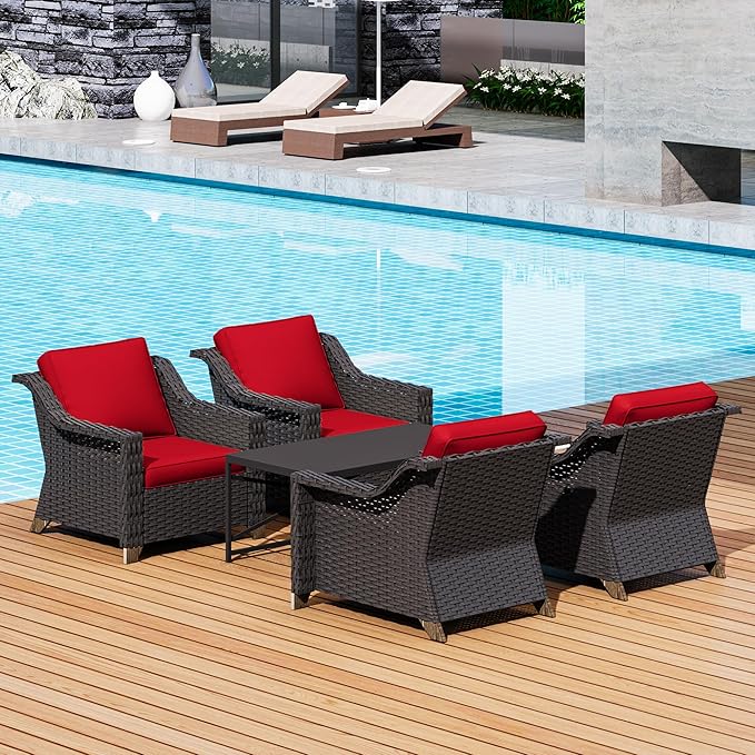 5 Pieces Outdoor Conversation Furniture Set - 4 PE Rattan Armchairs, 1 Metal Coffee Table, Patio Wicker Furniture Set with Water-Resistant Cushions for Swimming Pool, Sunroom (Red)