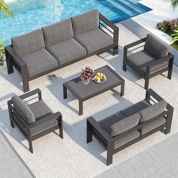 Solaste Aluminum Patio Furniture Set for All Weather, Oversized Metal Outdoor Furniture Set with 27.5" Deep Seating and 3.2" Wide Armrest, Outdoor Patio Conversation Sets with 5" Cushion, Dark Grey