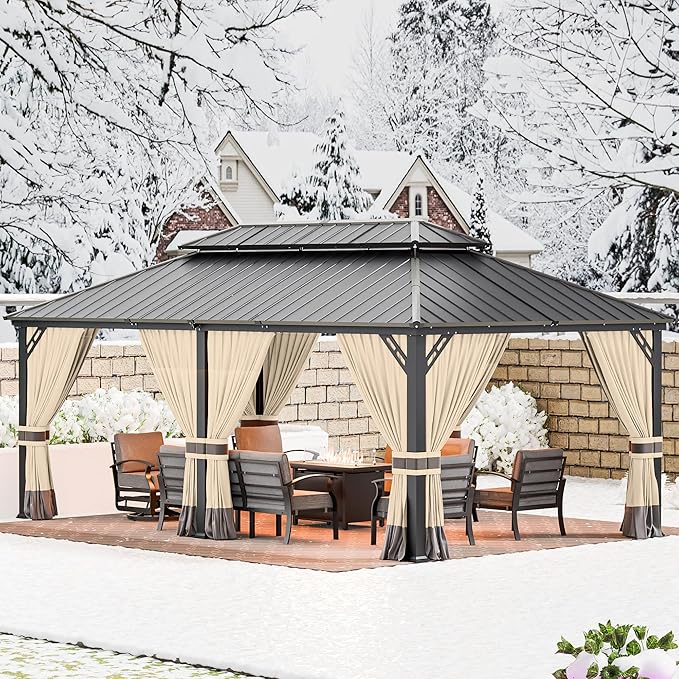 12’x20’ Hardtop Gazebo Outdoor Aluminum Frame Permanent Gazebo Galvanized Steel Double Roof Gazebos with Nettings and Curtains for Patio, Lawns,Backyard, Deck(Brown)