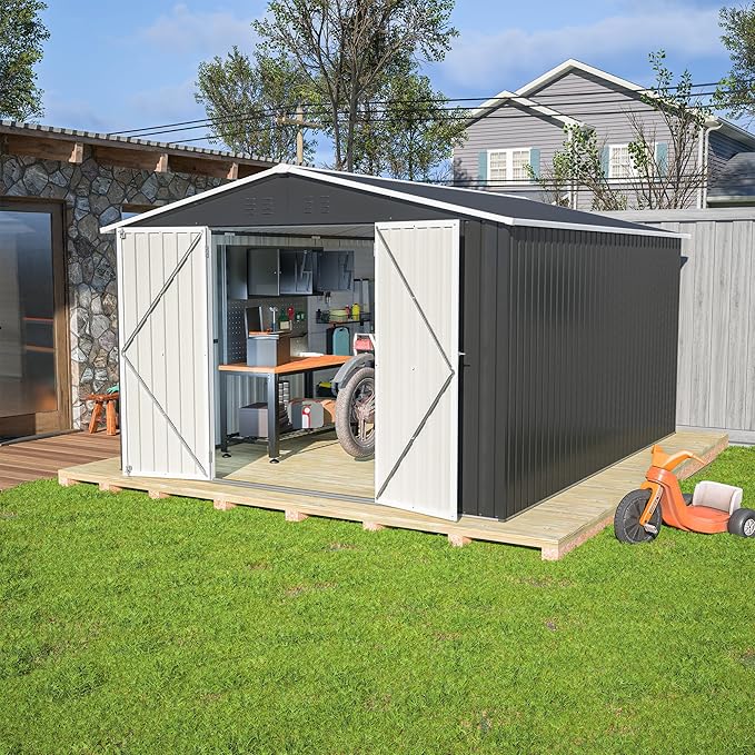 Favfurish Outdoor Storage Shed 10×12 FT,Metal Waterproof Tool Sheds with Lock and Key,Heavy-Duty Sheds Unit W/Doors and Vents,Galvanized Steel Garden House for Storing Bicycles,Barbeques,Black