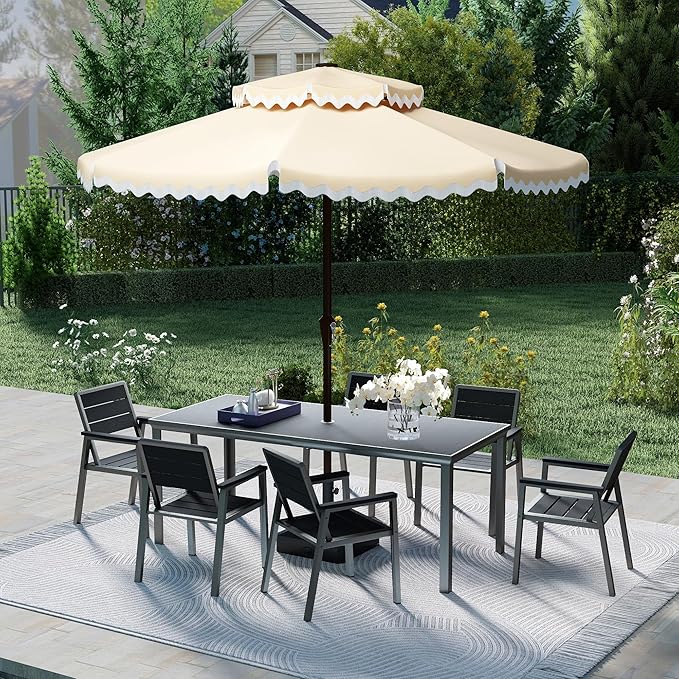 Kingdura 7 Piece Patio Dining Set for 6, HDPE Outdoor Table & Chairs with Umbrella Hole, All-Weather Outdoor Furniture Patio Conversation Set for Lawn Pool Backyard, Dark Grey