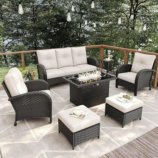 7 Pieces Patio Furniture Sets with Fire Pit Table, Wicker Rattan High Back Outdoor Armchairs Set with 3-Seat Couch, Ottomans and Side Table