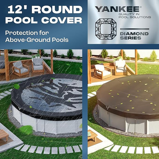 Yankee Diamond Series Pool Covers for Above Ground Pools | All-Weather, Windproof, Light 12ft Round Pool Cover w/ 4 Screw-In Pegs, 4 Ropes | 3 Mounting Methods, Strong Fastenings for Triple Protection