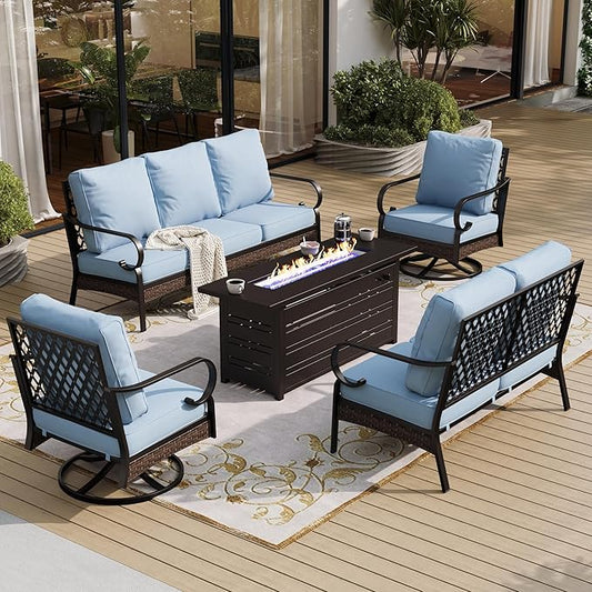 5 Piece Black Metal Outdoor Patio Furniture Sets with Firepit Table, Patio Conversation Sets 1 3-Seater Sofa, 1 2-Seater Sofa, 2 Swivel Sofa with 5.75" Cushion for Backyard Deck, Blue