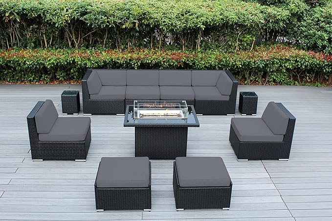 Fully Assembled 11 Piece Ohana Outdoor Patio Furniture Black Wicker Gray Olefin Cover Conversation Set with and 42-inch Propane Gas Fire Table