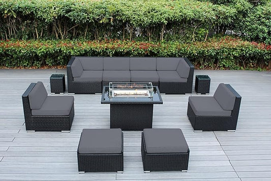 Fully Assembled 11 Piece Ohana Outdoor Patio Furniture Black Wicker Gray Olefin Cover Conversation Set with and 42-inch Propane Gas Fire Table