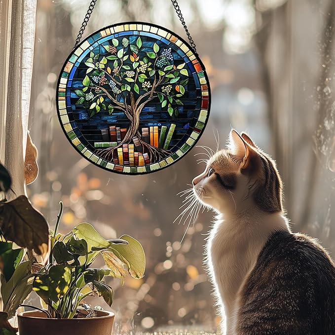 QZQCBLC Stained Glass Window Hanging Green Life Tree Berry Book 9.8" - Blue Suncatcher Door Garden Sun Catcher Home Decor Birthday Christmas for Mom Men Woman Nana Friend