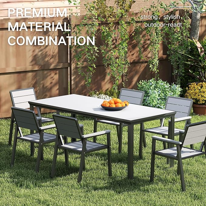 Kingdura 7 Piece Patio Dining Set for 6, HDPE Outdoor Table & Chairs with Umbrella Hole, All-Weather Outdoor Furniture Patio Conversation Set for Lawn Pool Backyard, Grey