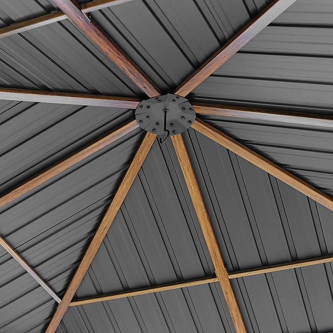 TOOLPORT Hardtop Gazebo 10x10 ft - Wood-Effect Finish - Steel Roof - 4 Side Panels in Gray