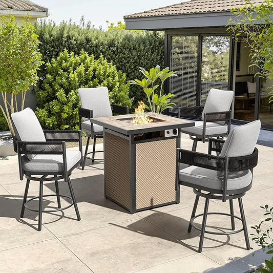 Grand patio Patio Swivel Bar Set, 26" Counter Height Swivel Chairs Set of 5 with Fire Pit Table 60,000 BTU Heat Output for Patio, Deck, Balcony (Beige)