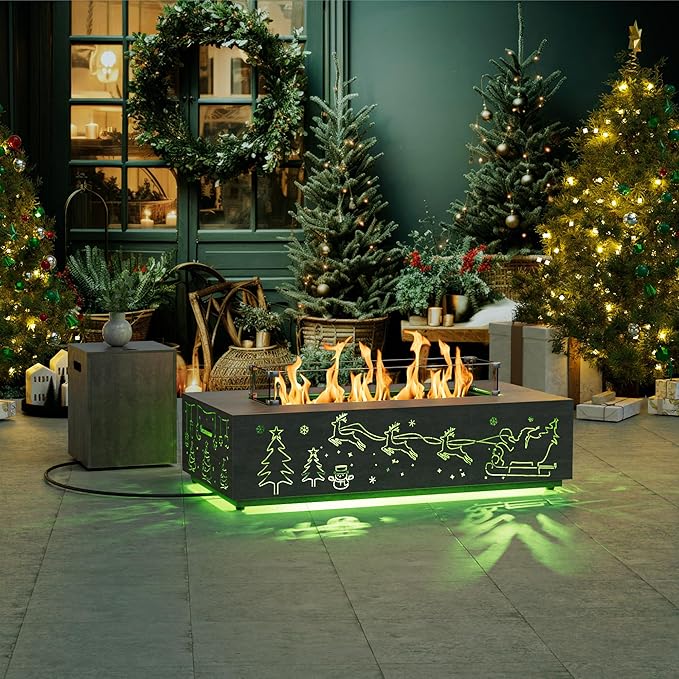 42" Propane Fire Pit Table with Christmas Cutout Decoration and RGB Lights – 50,000 BTU with Wind Guard Glass, Lid, Rocks and Cover – Outdoor Fireplace (Grey/Christmas RGB, 42" LED)