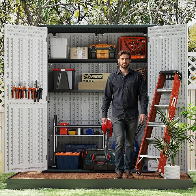 Vertical Resin Storage Shed, 60 Cuft Garden Tool Sheds & Outdoor Storage, Plastic Outdoor Storage Cabinet Waterproof, 4.5 x 2.3 ft Backyard Outside Lawn Mower Storage Shed, White