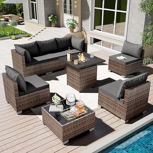 7/8-Piece Patio Conversation Set with Fire Pit Table, Outdoor All-Weather Rattan Sofa Sectional, Handwoven Wicker Furniture for Backyard, Easy Assembly & Weather-Resistant Design