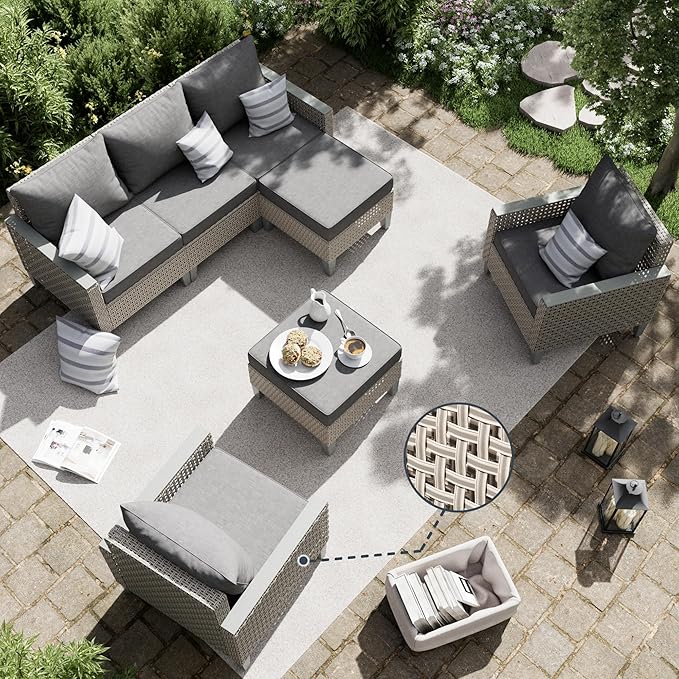 Outdoor Patio Furniture Set 7-Piece Modular Wicker Sectional Sofa with Ottomans and Thick Cushions, Modern Rattan Outdoor Conversation Couch for Garden Backyard, Grey