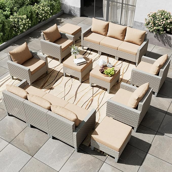Outdoor Patio Furniture Set 14-Piece Modular Wicker Sectional Sofa with Ottomans and Thick Cushions, Modern Rattan Outdoor Conversation Couch for Garden Backyard, Khaki