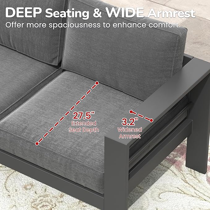 Solaste Aluminum Patio Furniture Set for All Weather, Oversized Metal Outdoor Furniture Set with 27.5" Deep Seating and 3.2" Wide Armrest, Outdoor Patio Conversation Sets with 5" Cushion, Dark Grey