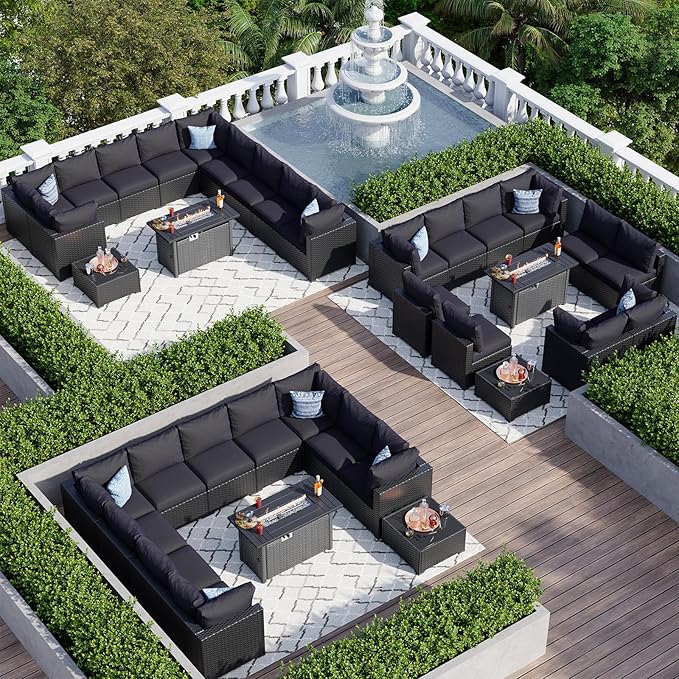 Aoxun 12 Piece Patio Furniture Set with 44” Fire Pit Table Wicker Rattan Patio Sectional Sofa Set Outdoor Seating Furniture with Thickened Cushion, Black