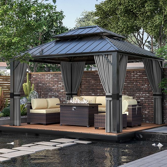 12x14ft Hardtop Gazebo Double Roof, Outdoor Pavilion with 2-Layer Hard top Galvanized Iron Frame Garden Tent, Suitable for courtyards, backyards, Decks, and Grass