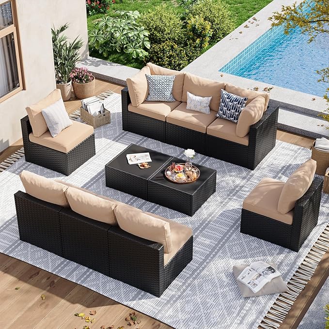 Aoxun 10 Piece Patio Furniture Set Wicker Rattan Patio Sectional Sofa Set Outdoor Seating Furniture with Thickened Cushion, Beige