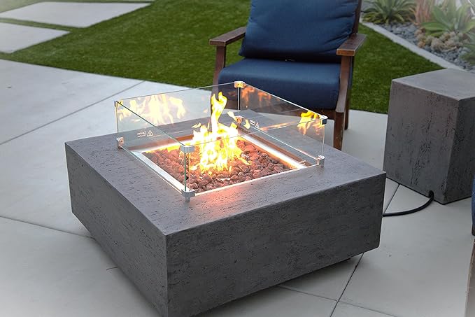 AMS Creations | Albany Square Propane Gas Outdoor Fire Pit Table | Concrete GFRC Fire Pit Table | with SS Lid, Canvas Cover, Lava Rock and Wind Guard Included (Fuel Type: Liquid Propane)
