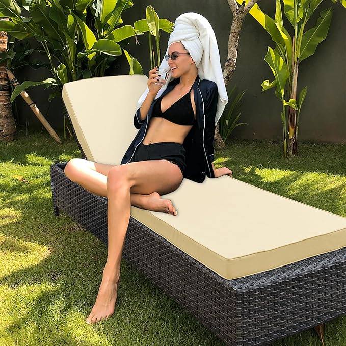 Chaise Lounge Cushion Outdoor, Waterproof and Stain-Resistant Lounge Deck Reclining Chair Cushions for Patio Furniture Lawn Pool Resort Hotel, 72x21x3 Inch, Set of 4, Beige