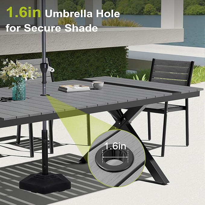 Pellebant 118" Outdoor Dining Table for 8-12 Person, Aluminum Patio Dining Table with Umbrella Hole, Waterproof Wood-Like Tabletop for Lawn Garden Backyard, Grey