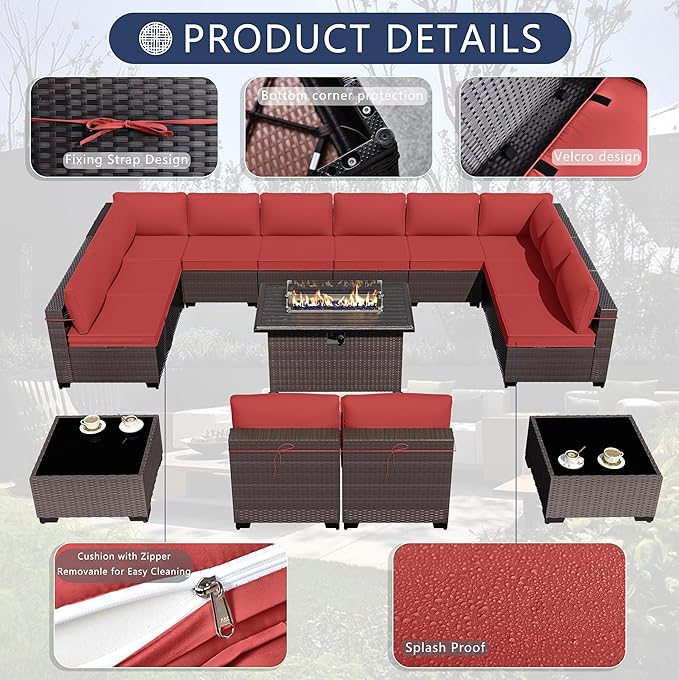 Outdoor Patio Furniture Set with Gas Fire Pit Table, 13 Pieces Outdoor Furniture Set Patio Sectional Sofa w/43in 55000 BTU Propane Fire Pit, PE Wicker Rattan Patio Conversation Sets - Red