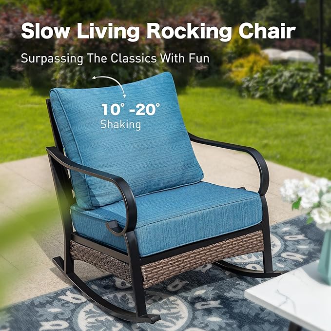4 Piece Black Metal Outdoor Patio Furniture Sets with Firepit Table, Patio Conversation Sets 1 3-Seater Sofa 2 Rocking Sofa with 5.75" Thick Cushion Backyard Furniture for Deck, Blue-2