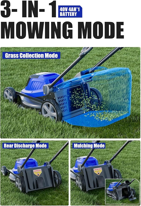 Wild Badger Power 40V 16″ Cordless Lawn Mower Brushless, 3,229 sq ft/0.074 ac,2×4.0Ah Battery & Fast Charger, 5-Position Height,for Small Residential Lawns