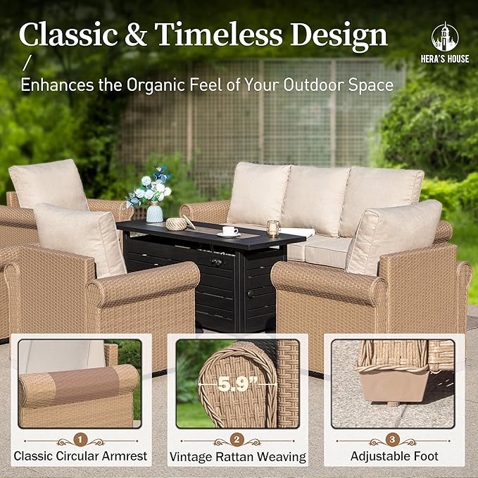 HERA'S HOUSE 6-Piece Patio Furniture Set, All Weather 7 Seats Outdoor Wicker Sofa with Ottomans, Rattan Patio Conversation Set with 5.5" Cushions and 44" Coffee Table, Beige