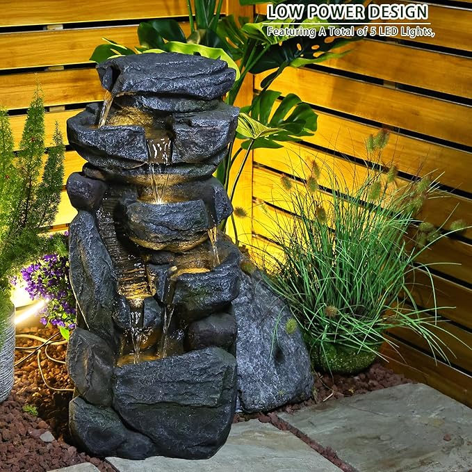 Bumilgar Water Features Outdoor Patio 6-Tier Cascading Rock Water Fountain 31.5''Water Fall Fountain Outside Resin Fountain with Light Mossy Rock Floor Garden Fountain Indoor for Relaxation Home Decor