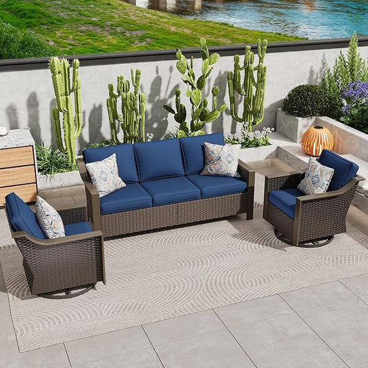 3 Pieces Outdoor Patio Conversation Furniture Set - 75" 3-Seat Sofa | 2 Swivel Glider Rocker Chairs | Wicker End Table, Rattan Couch, Metal armrests, Deck (Navy Blue)