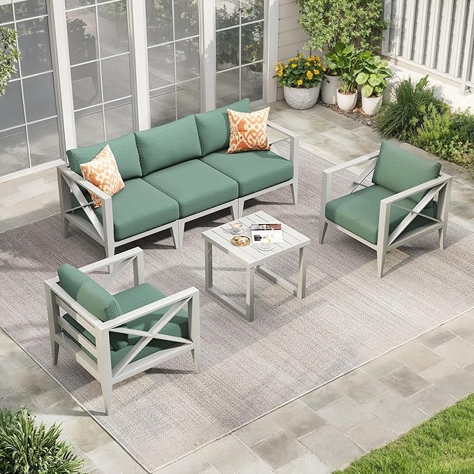 Aluminum Outdoor Furniture Set,5-Seats Patio Sectional Conversation Sofa with 6" All-Weather Cushions and Coffee Table,Patio Furniture Set for Deck, Porch, Garden (White)