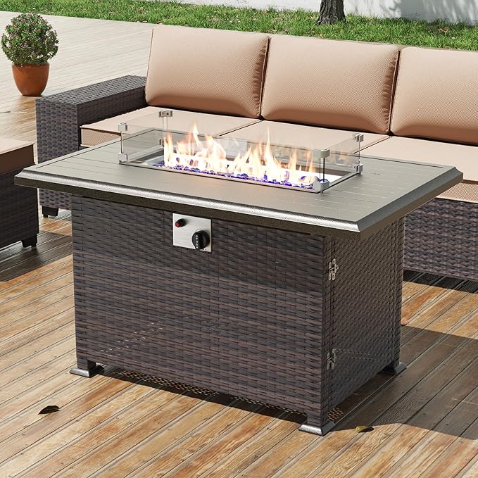 43" Wicker Outdoor Propane Gas Fire Pit Table with Rectangle Fire Pit Lid,55000 BTU Auto-Ignition Table Fire Pit w/Glass Wind Guard, Glass Rock for Outdoor,ETL Certified
