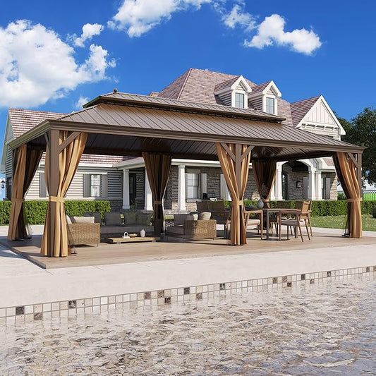GAZEBEST 12' X 24' Hardtop Gazebo, Outdoor Galvanized Steel Double Roof Permanent Aluminum Frame Pavilion Pergola Canopy with Privacy Curtains for Garden, Patio, Backyard, Deck and Lawns.