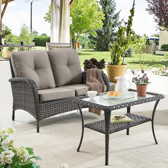 Belord Outdoor Wicker Furniture Set with Swivel Chairs, 5 Piece Small Patio Conversation Sets with Rattan Loveseat Coffee Table for Patio Deck Porch Backyard, Grey Cushion