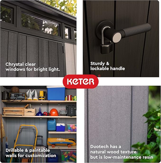 Keter Artisan 7 x 7 Foot Large Modern Design Outdoor Shed with Floor for Outdoor Furniture, Lawn Equipment, Bikes, and Gardening Tools, Gray