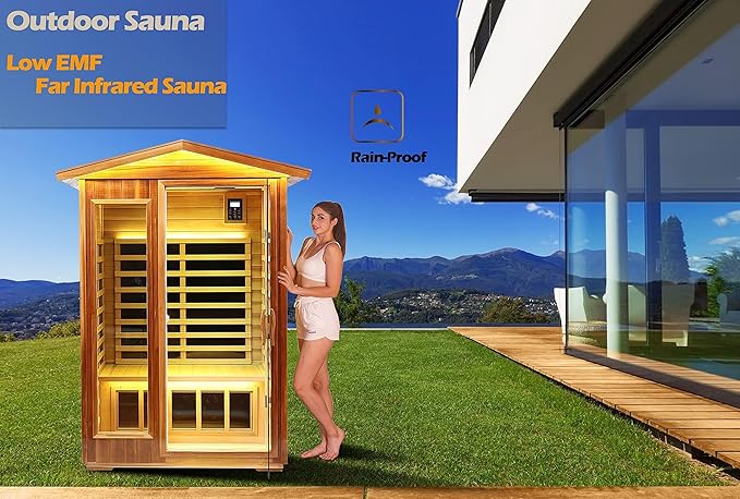 LTCCDSS Outdoor Red Cedar Sauna 2 Person Far Infrared Sauna, Withstand Outdoor Temp -10℉-149℉| Low EMF Sauna Room for Home-9 Low EMF Heaters-Chromotherapys-Bluetooth Speaker