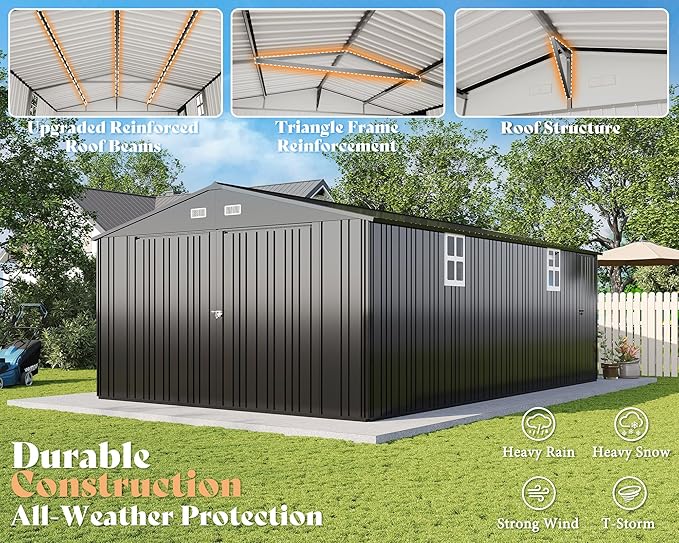AMERLIFE 13x21x8.4 FT Outdoor Metal Garage Shed, Extra Large Storage Shed with Double Hinged Doors & 4 Windows, Carport for Car, Truck, Bike and Equipment Storage, Dark Gray
